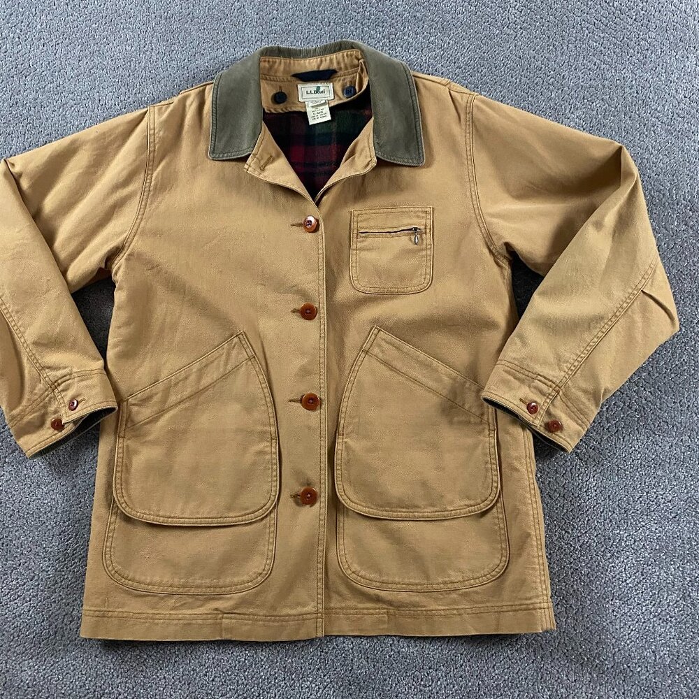 LL Bean Barn Chore Coat Jacket Women's Medium Plaid Flannel Lined Canvas Tan